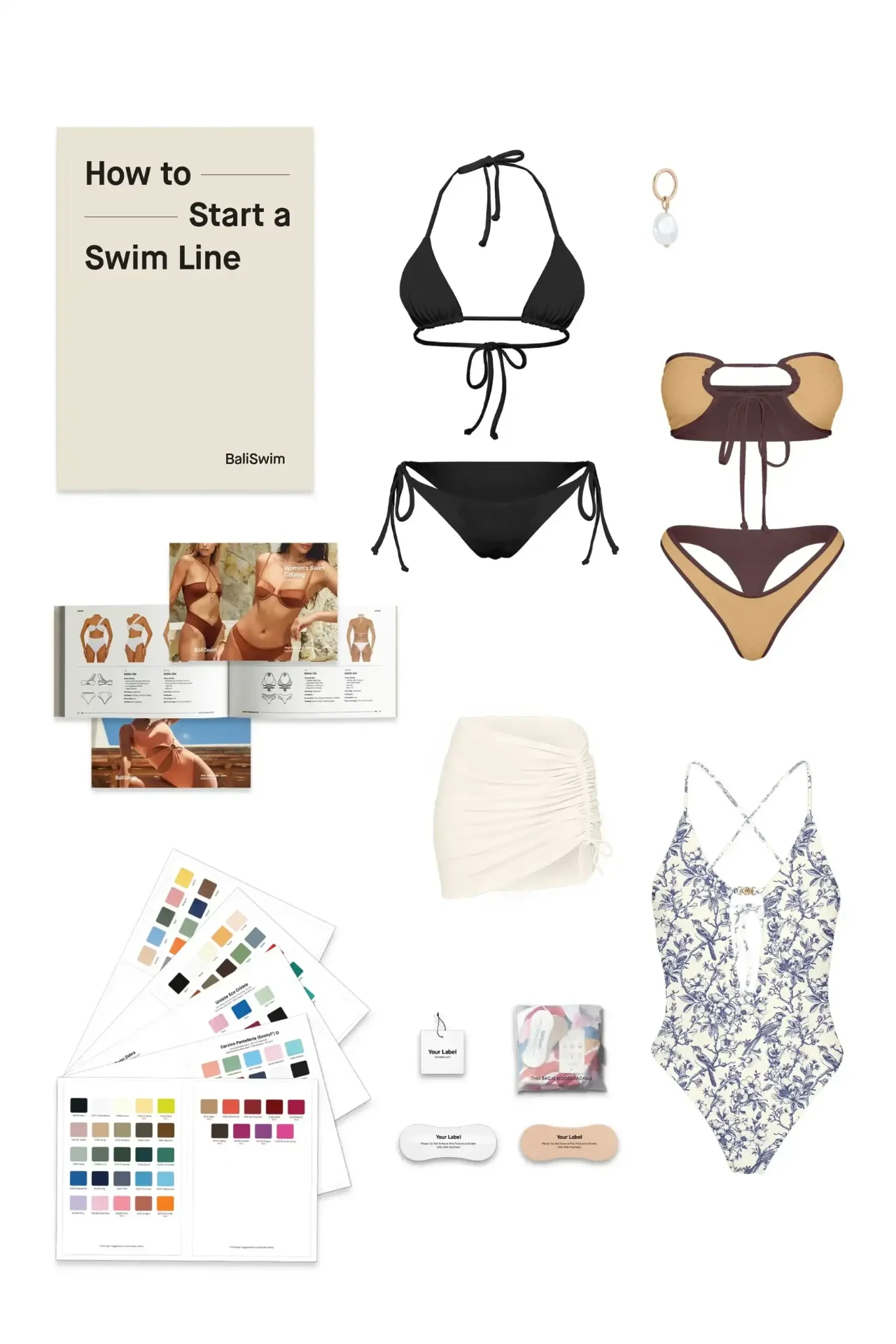 Starter Kit flatlay with swimwear samples, fabric swatches, catalogs and a founder guide