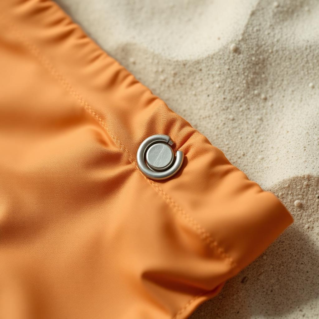Close-up of a bound seam and woven brand label on a swimsuit