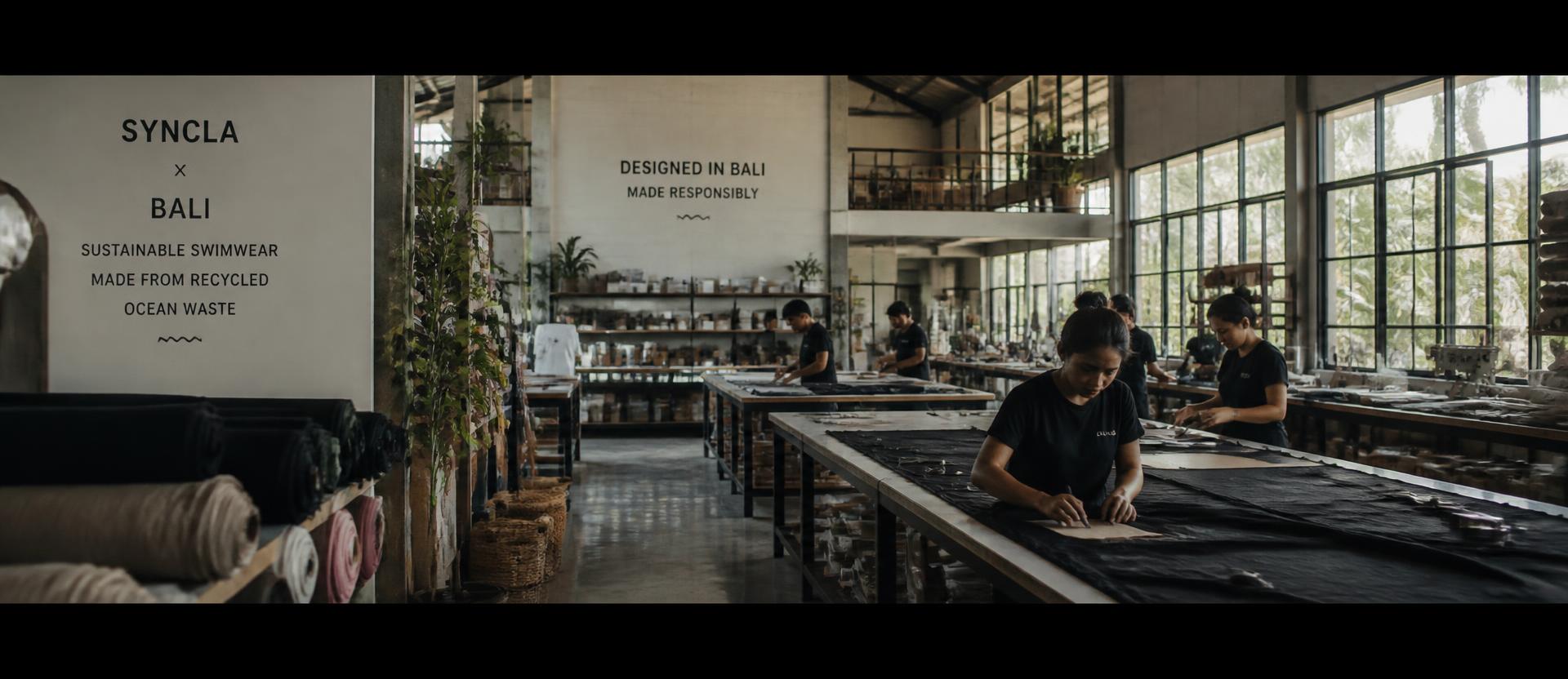 Wide view of the Bali Swim production floor with sewing lines under natural light